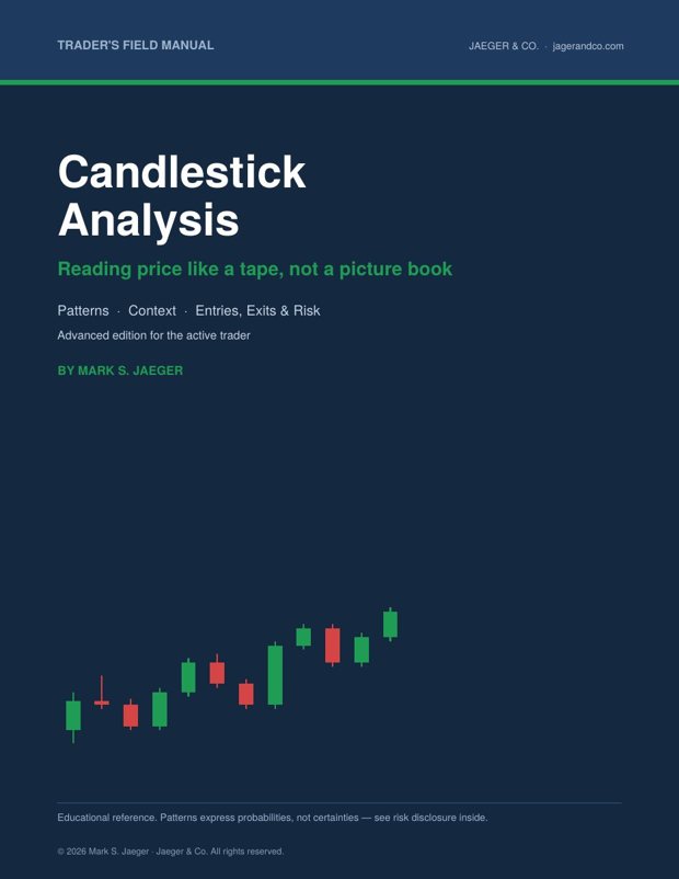 Cover of Candlestick Analysis, a trader's field manual by Mark S. Jaeger: white title on deep navy with a row of green and red candlesticks.