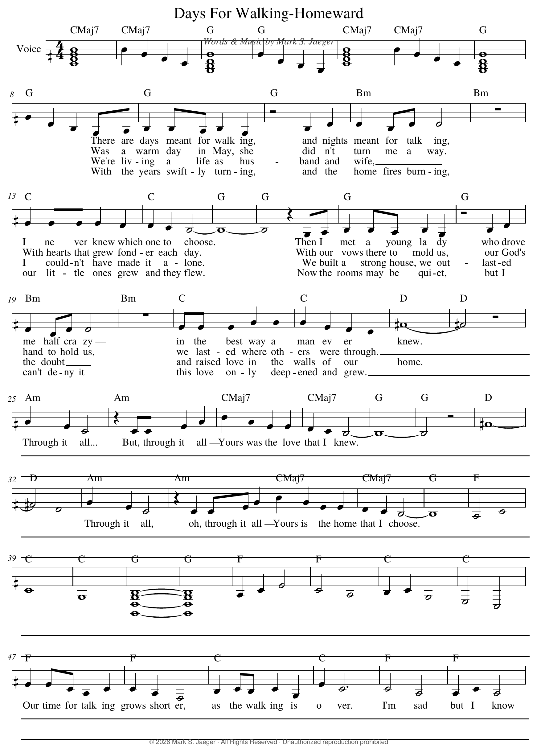 Lead sheet for Days For Walking, bars 1 to 52: the intro, the four verses stacked as lyric lines under one melody, the chorus, and the start of the bridge.