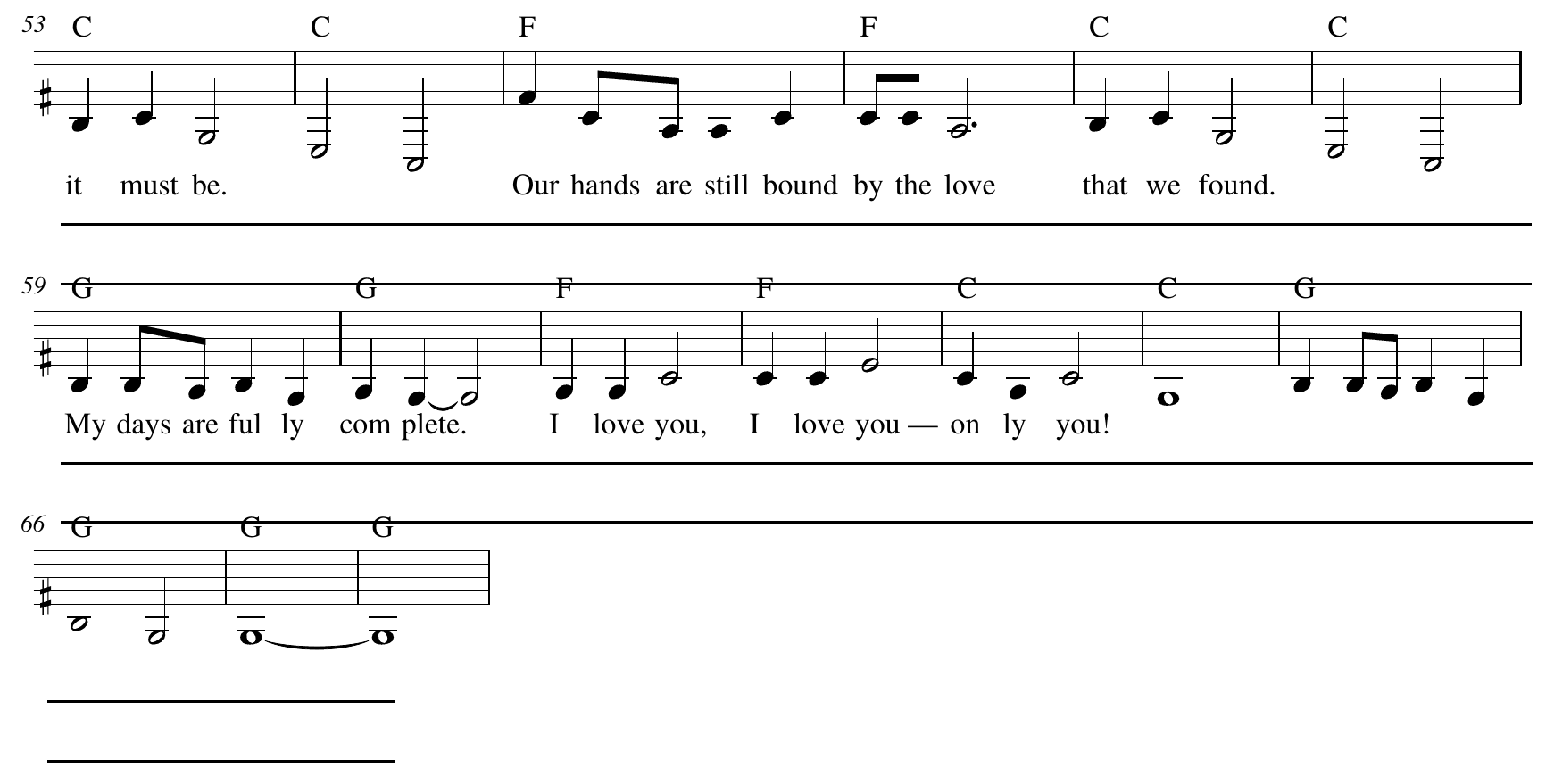 Lead sheet for Days For Walking, bars 53 to 68: the end of the bridge and the tag, ending on a held G.
