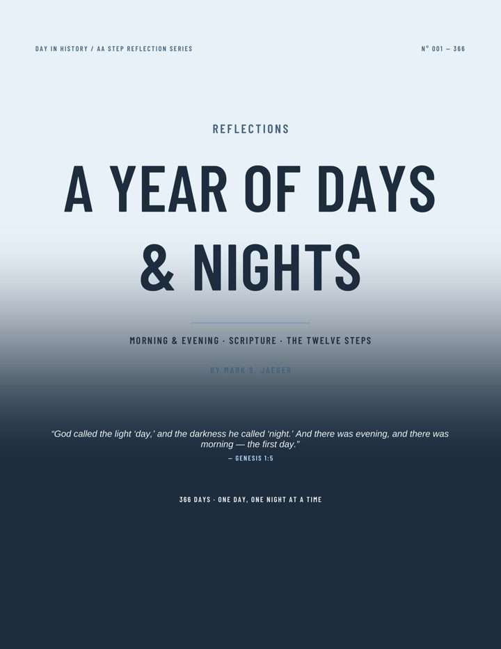 Cover of Reflections: A Year of Days & Nights by Mark S. Jaeger. Tall condensed title on pale blue fading to deep navy, with Genesis 1:5 at the foot.